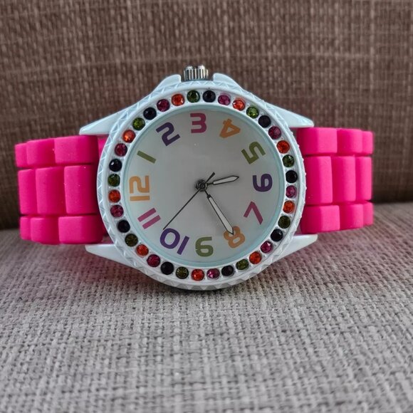 Multi Color Crystals Accent Bezel Wristwatch Pink Rubber Strap Analog Watch - Picture 5 of 11